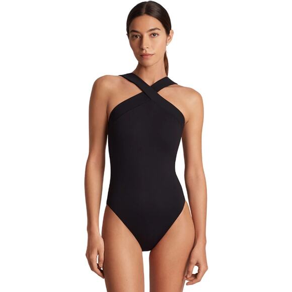 LAUREN RALPH LAUREN Sculpting Cross Front One Piece Swimsuit 14 Black OTS NWT - Picture 1 of 10